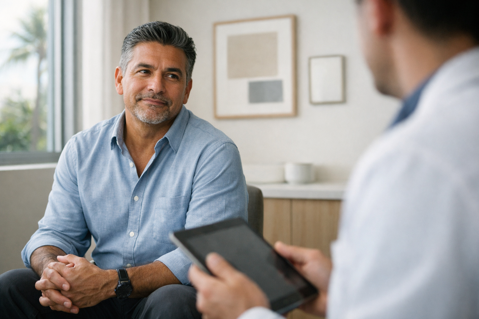 Man in blue shirt, sitting, talking to a doctor holding a tablet. Indoor setting.