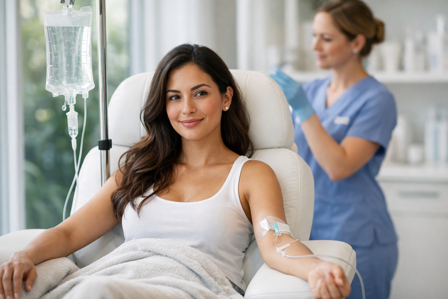 Woman receiving IV treatment, smiling in a medical setting. A nurse preps supplies.