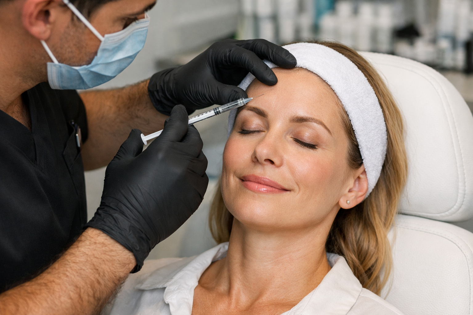 Person receiving facial injection in a clinic setting. Medical professional in black gloves injecting forehead.