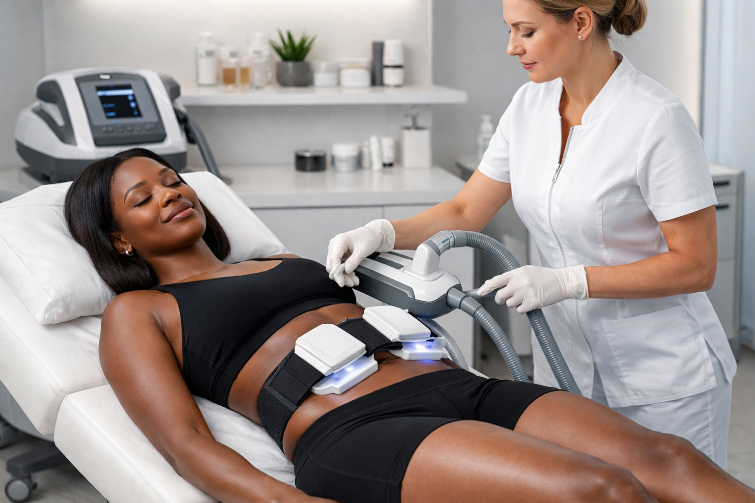 Woman receiving body contouring treatment from a practitioner using a device in a medical setting.