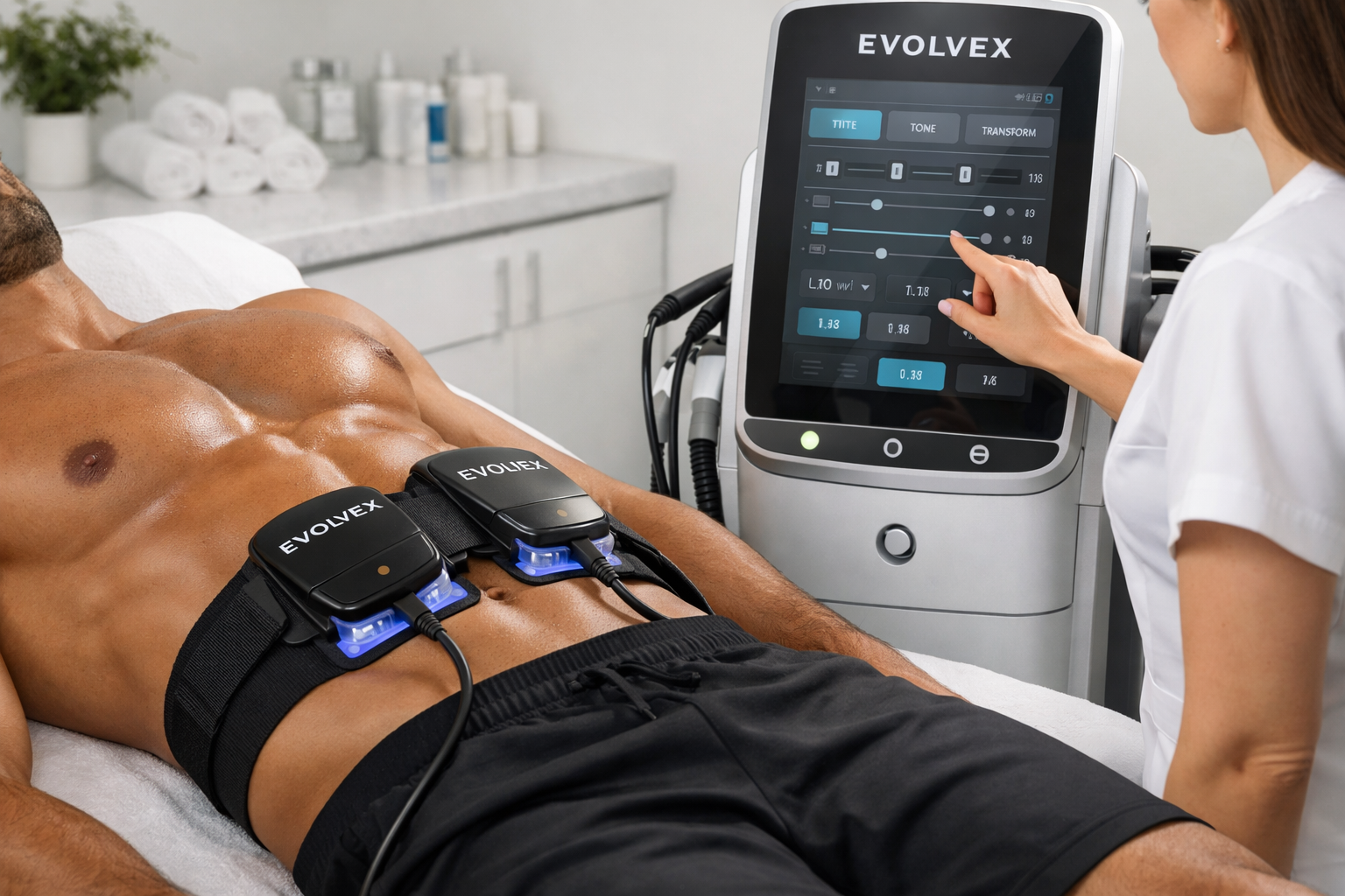 Man undergoing abdominal muscle treatment with the Evolve device; a technician adjusts settings on the control panel.