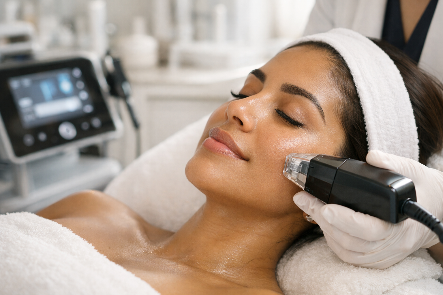 Person receiving facial treatment with a machine in a spa setting.