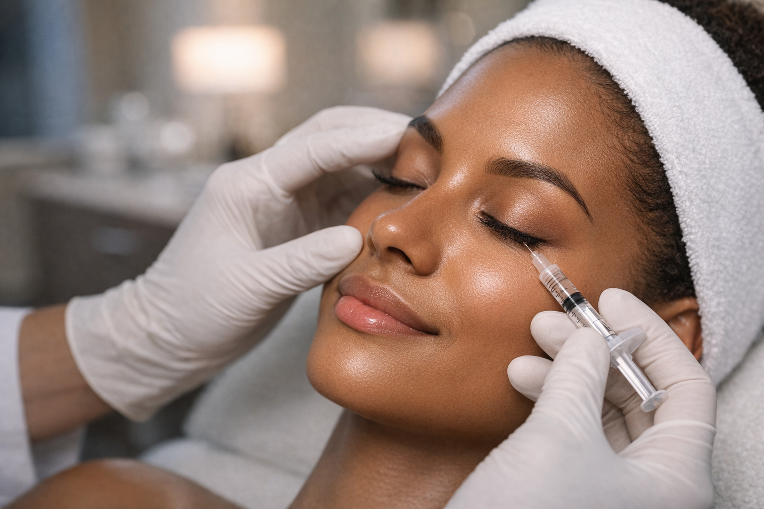 Hands in gloves injecting around a person's eye with a syringe, lying down.
