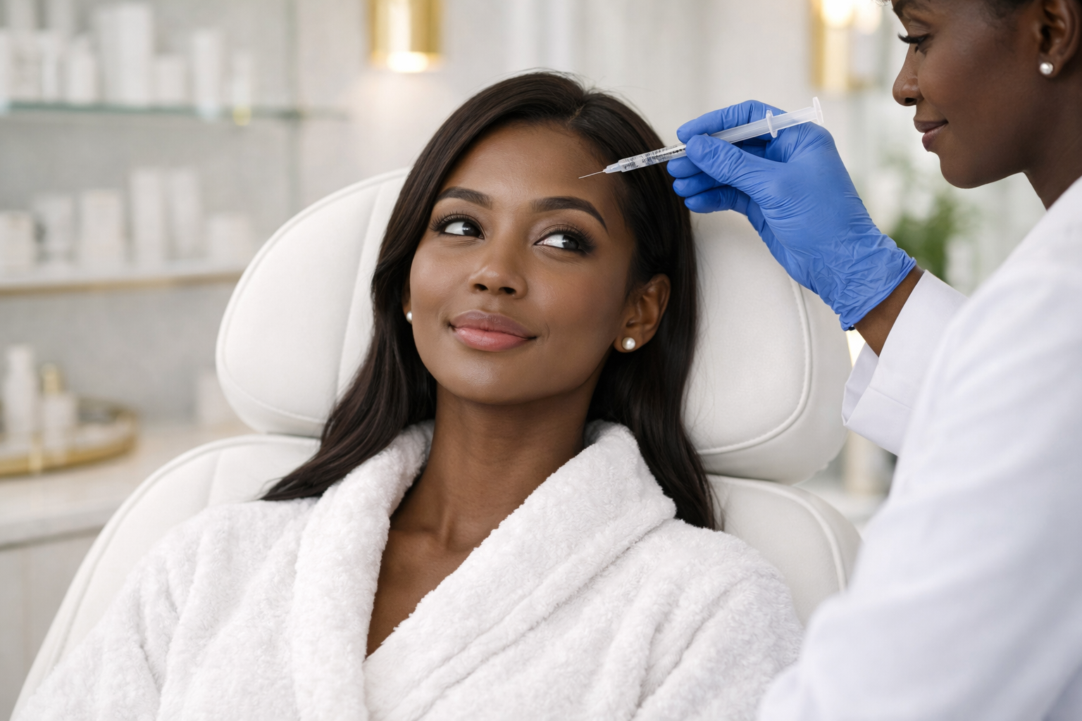 Woman receiving a cosmetic injection in a spa, doctor injecting forehead.