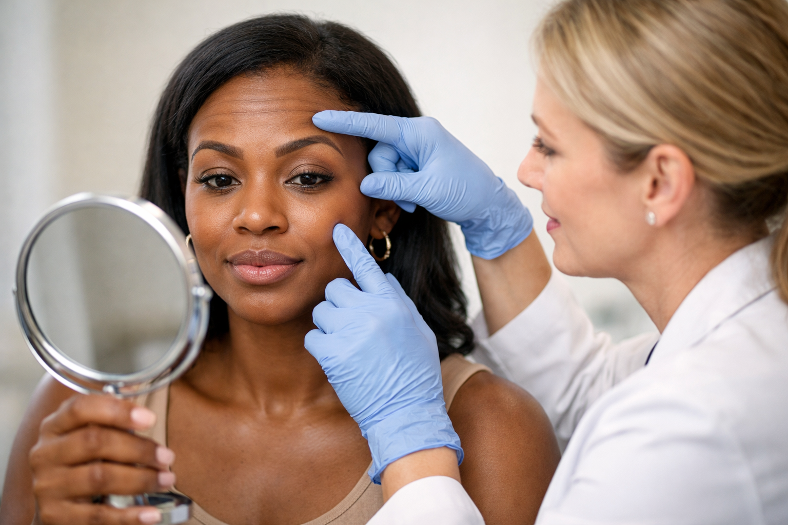 A person examining another person's face with a magnifying mirror in a medical setting.