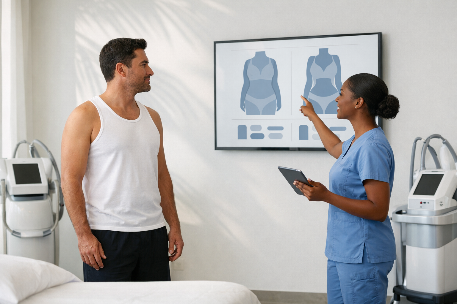 Man and healthcare worker discussing body transformation plan, pointing to screen.
