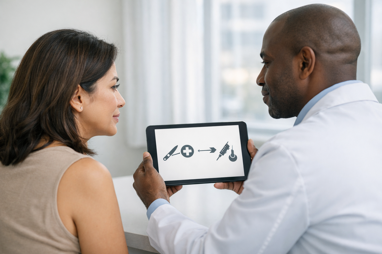 Doctor showing a patient a tablet with medical procedure icons in a clinic.