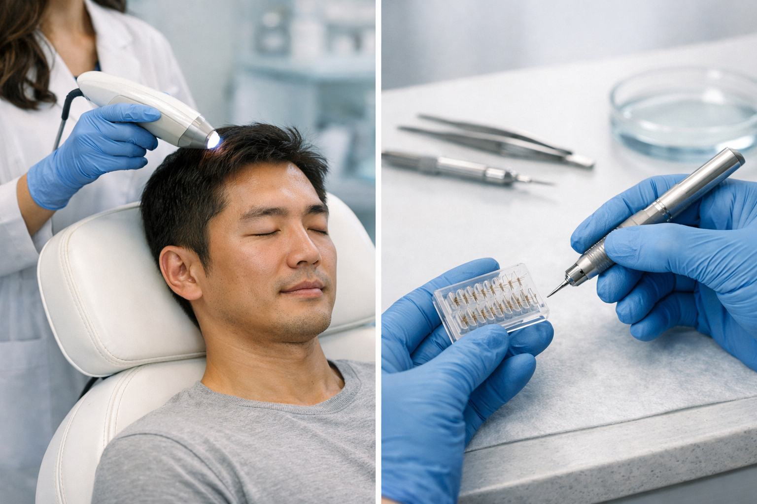 Man receiving hair treatment with device, doctor wearing gloves. Close-up of tools.