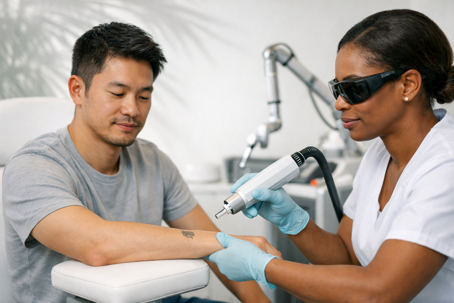 A person receiving laser tattoo removal on their wrist in a medical setting.
