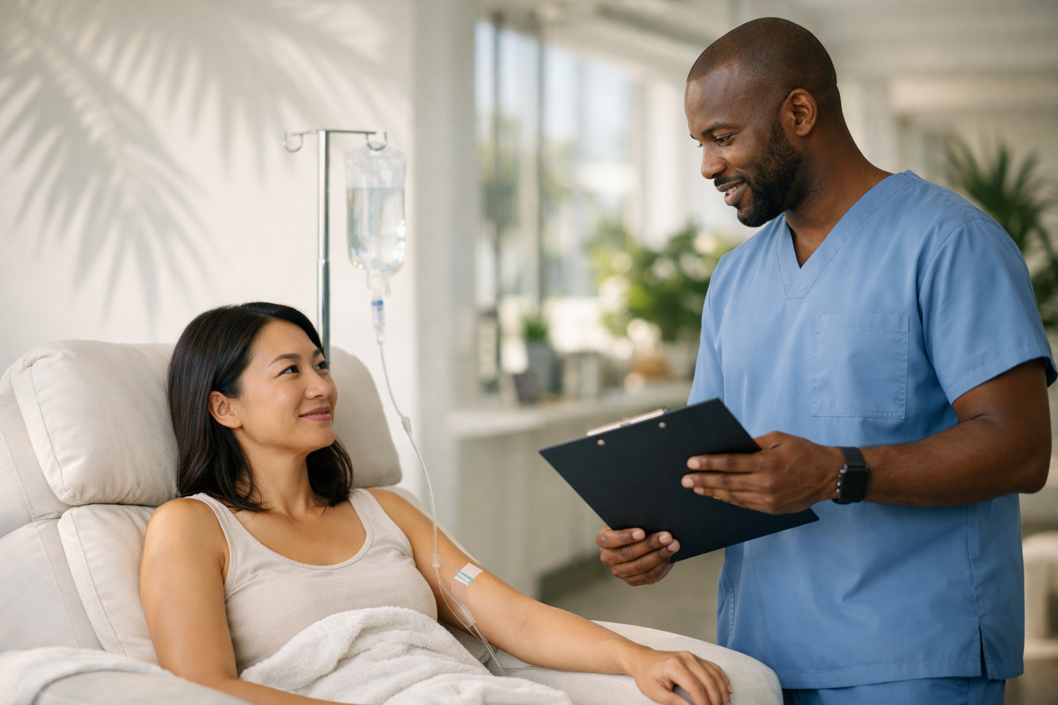 Nurse consults with a patient receiving an IV in a bright room.