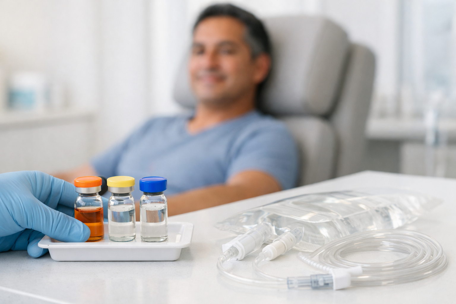 IV therapy preparation: vials, bag, and smiling person in chair.
