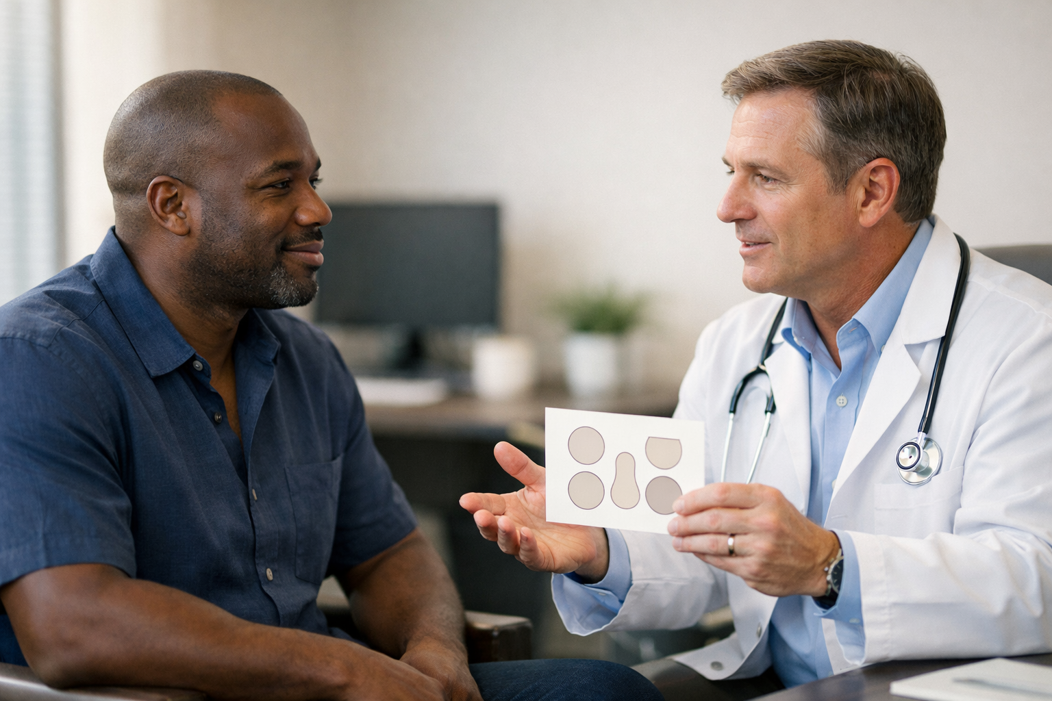 Doctor showing a patient a diagram with shapes in an office.