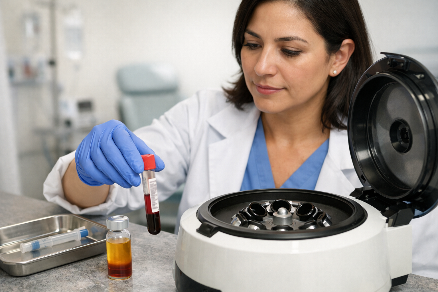 A medical professional in a lab coat and gloves placing a blood sample into a centrifuge.