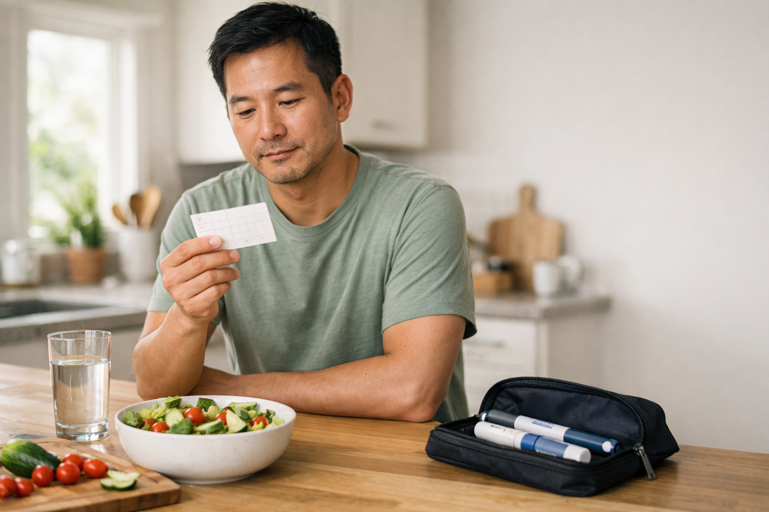 Man reading card, looking at his lunch (salad) and diabetes supplies on a kitchen counter.