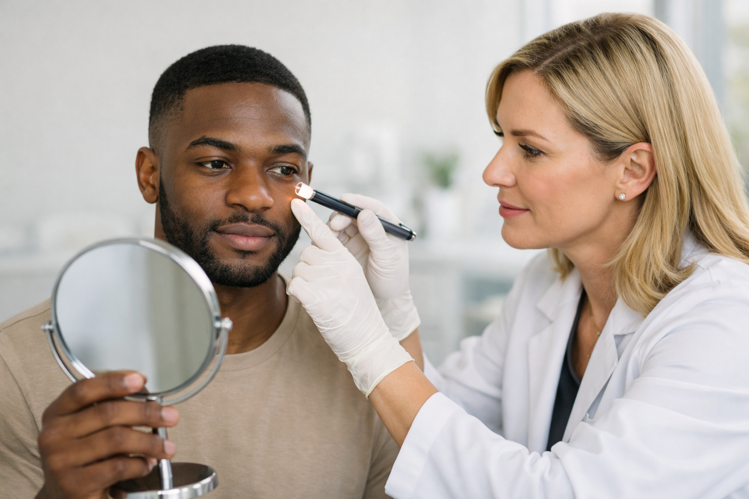 A person is examined by a medical professional with a light and mirror.