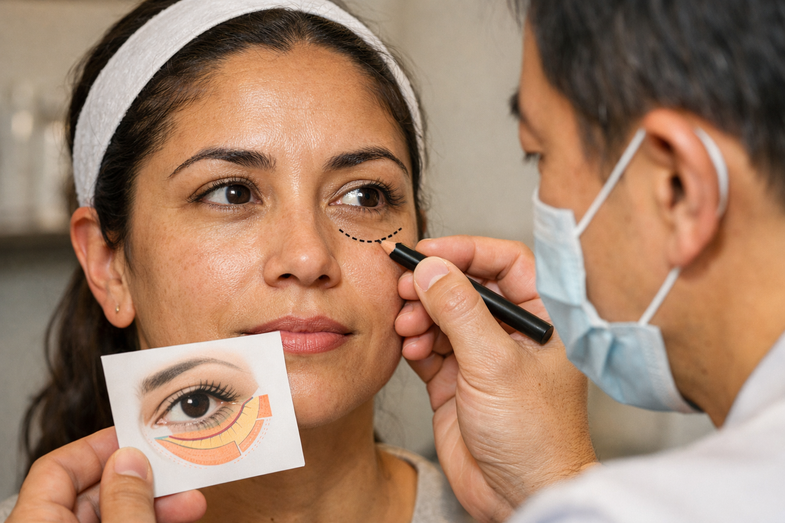 Doctor marking woman's face with pen, preparing for cosmetic eye surgery. Eye illustration on a card.