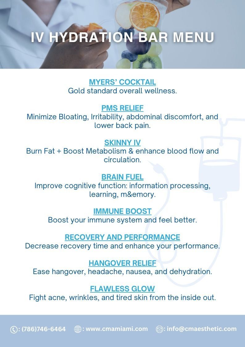 IV hydration bar menu with service descriptions.