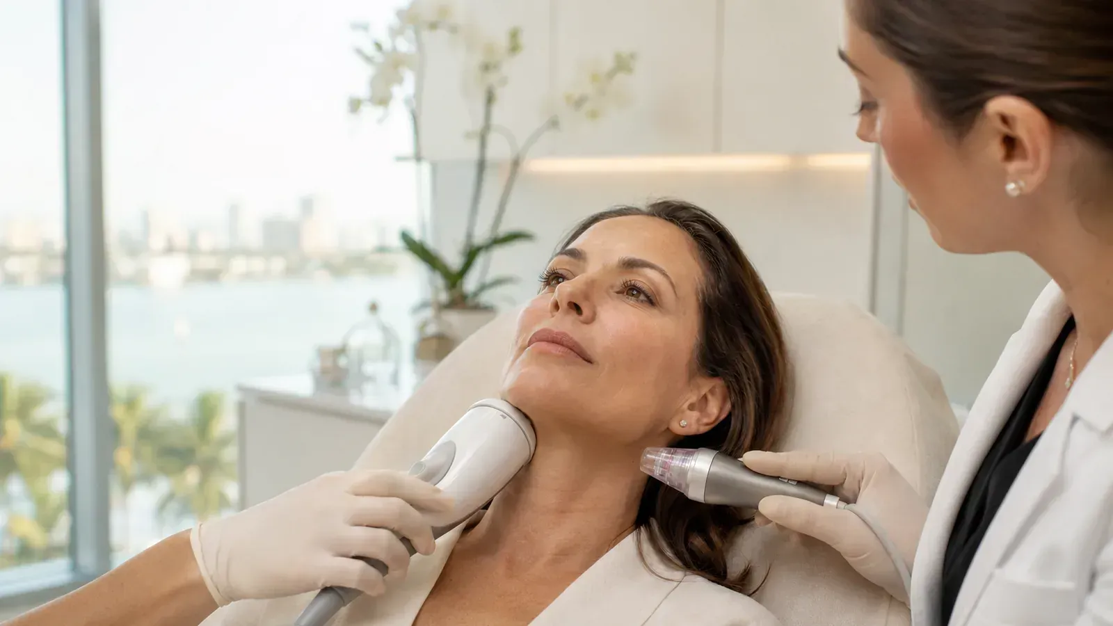 Aesthetic treatment on woman’s neck and face in a bright clinic, with a practitioner applying handheld devices.