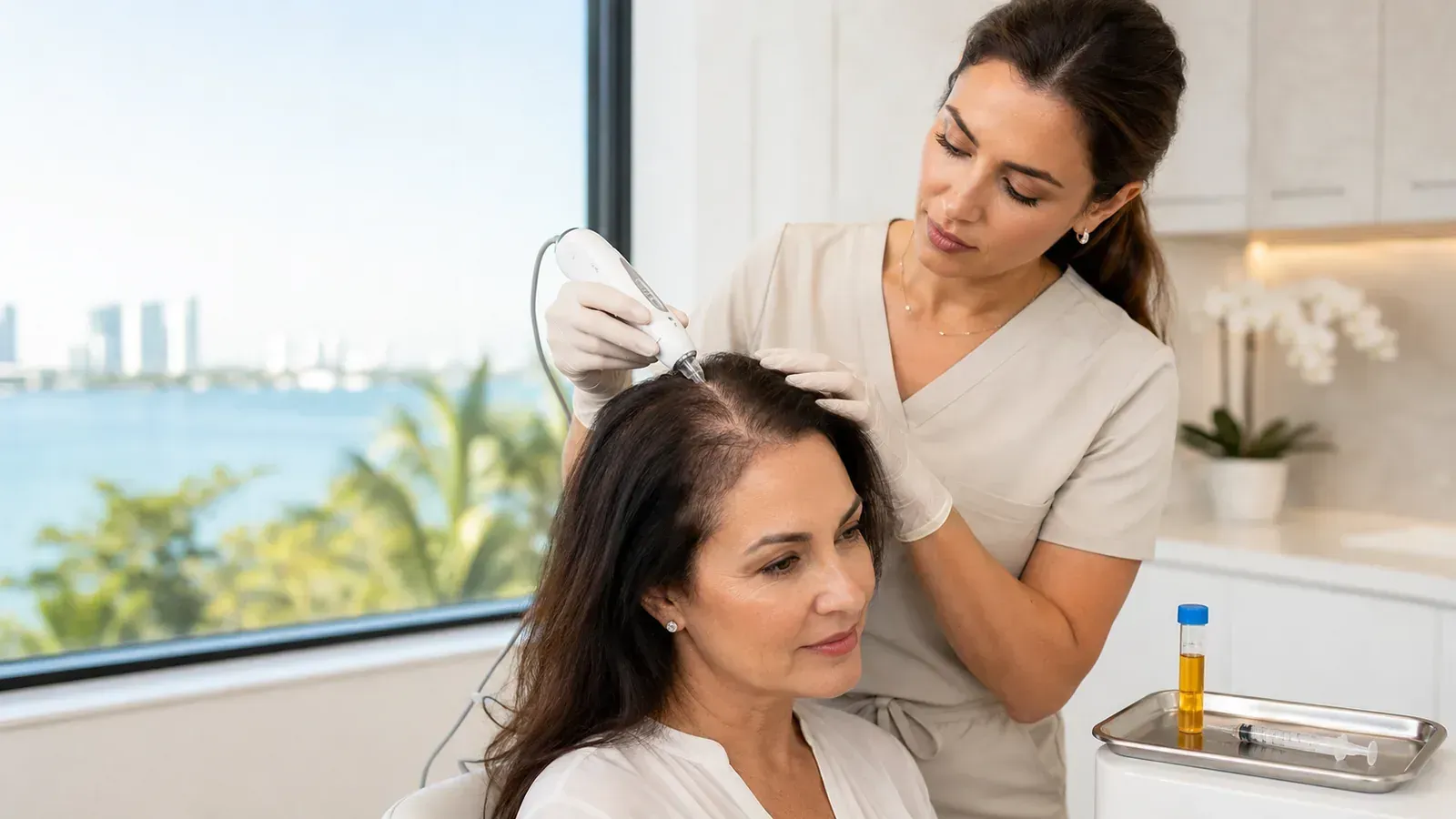 Stylist applying hair color to a seated client by a window overlooking the water.