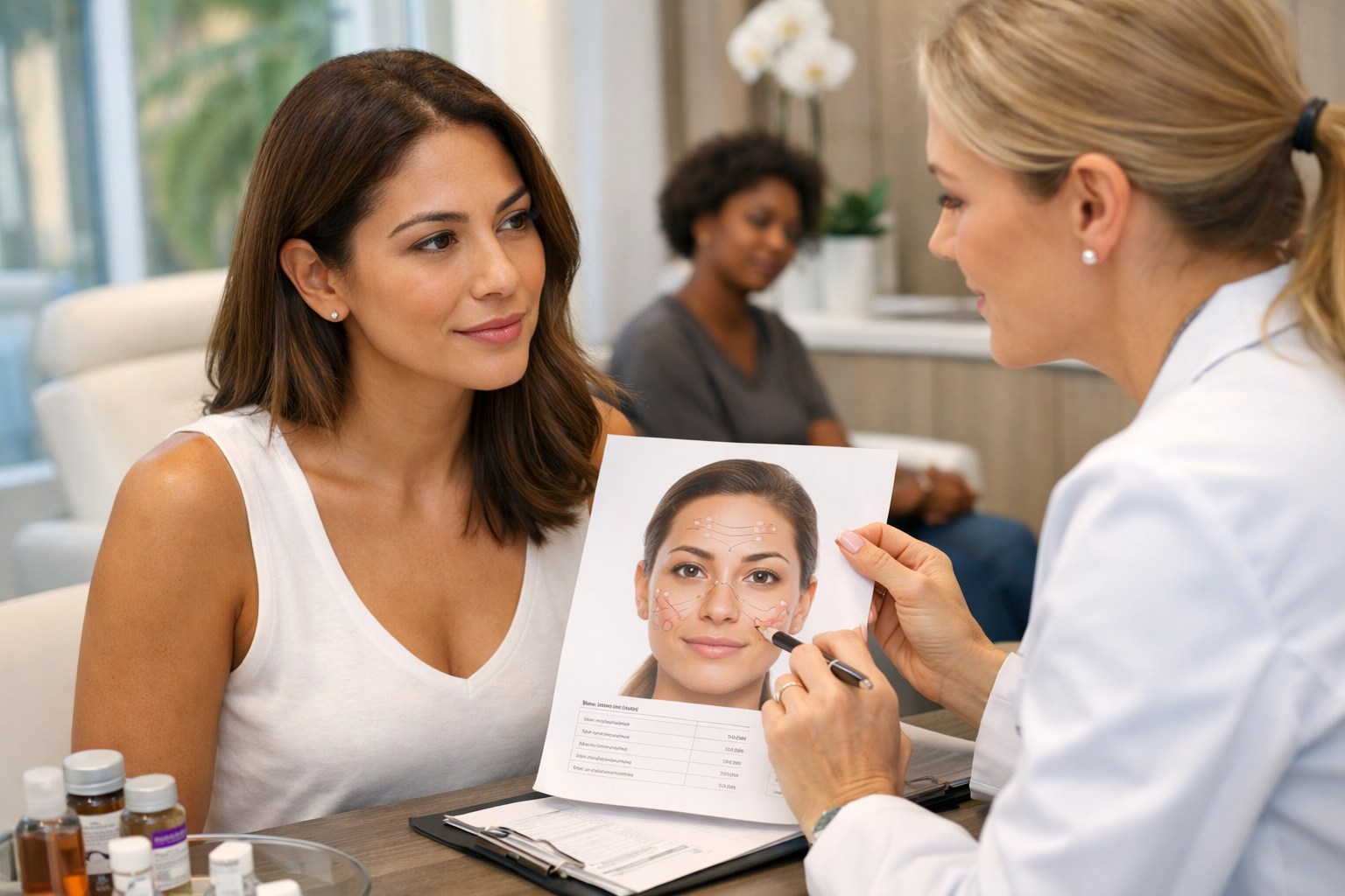 A professional consultation in a clinical setting as a provider discusses a facial diagram with a patient.