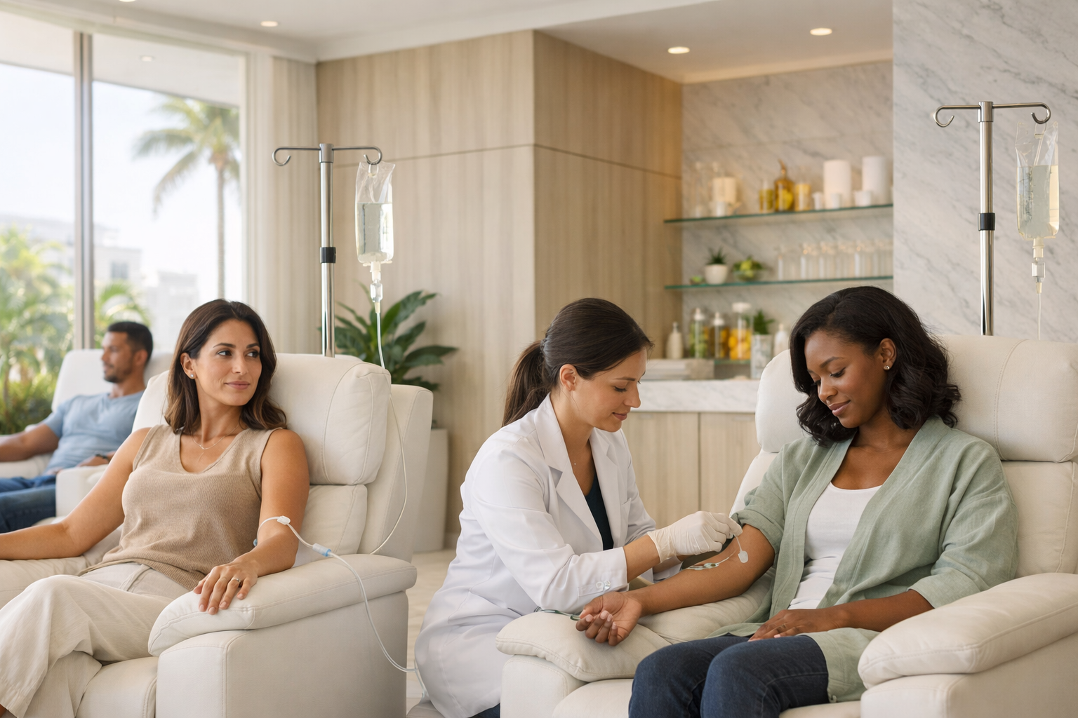 A professional in a white coat explains a selection of IV drip bags to a patient in a medical wellness clinic.