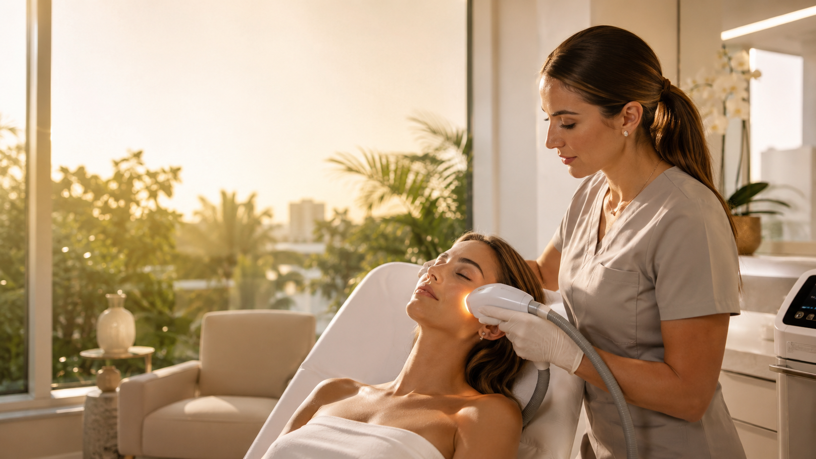 Spa therapist applying facial treatment to a relaxed client in a sunlit treatment room