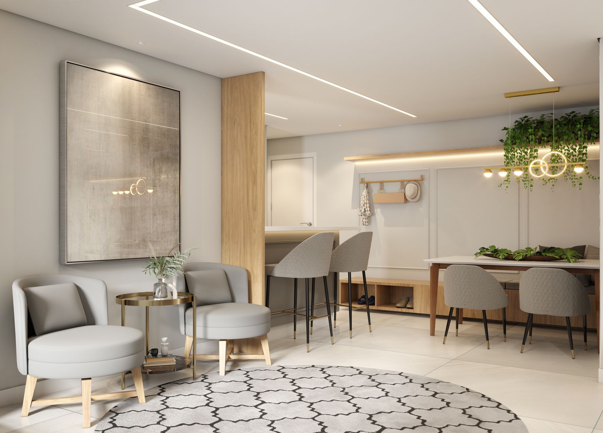 Sala de estar com móveis cinza, tapete redondo e área de jantar, com luz natural.