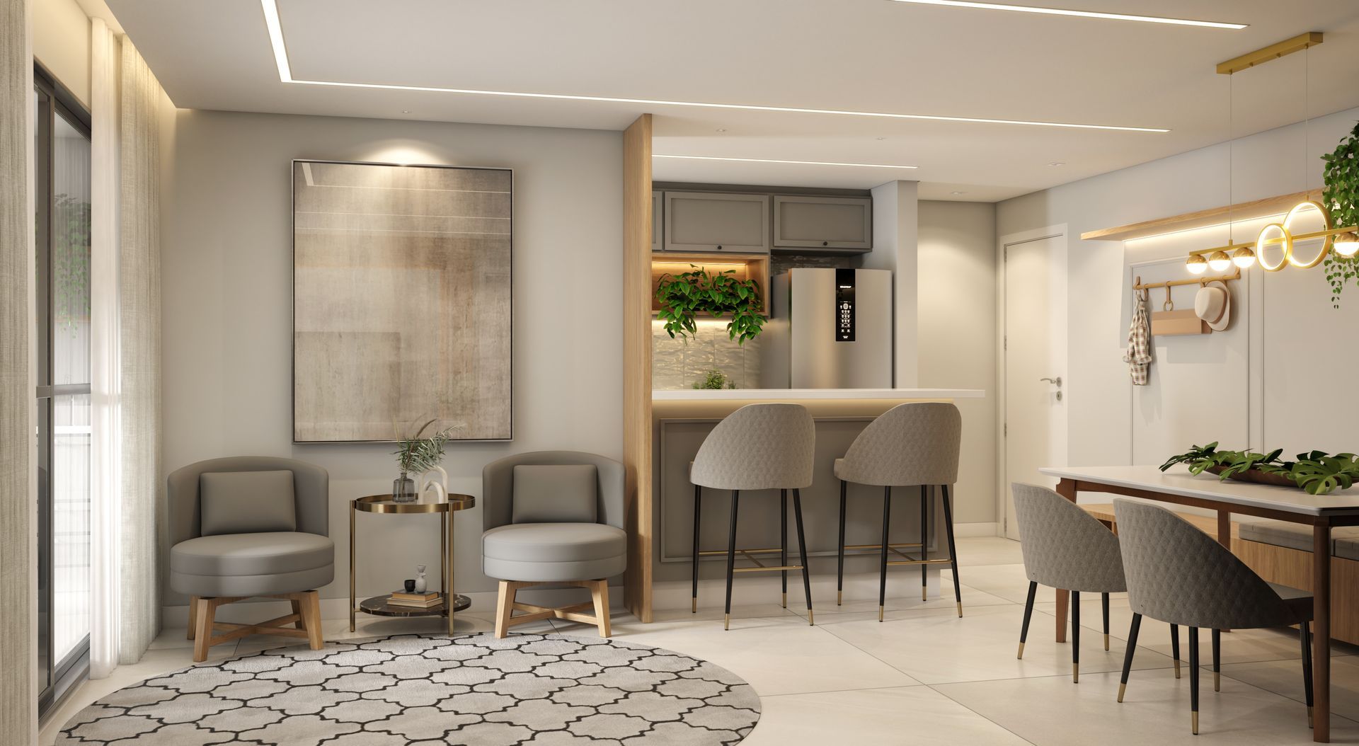 Sala de estar moderna com sofás, banquetas e mesa de jantar, em tons neutros e com obras de arte como destaque.