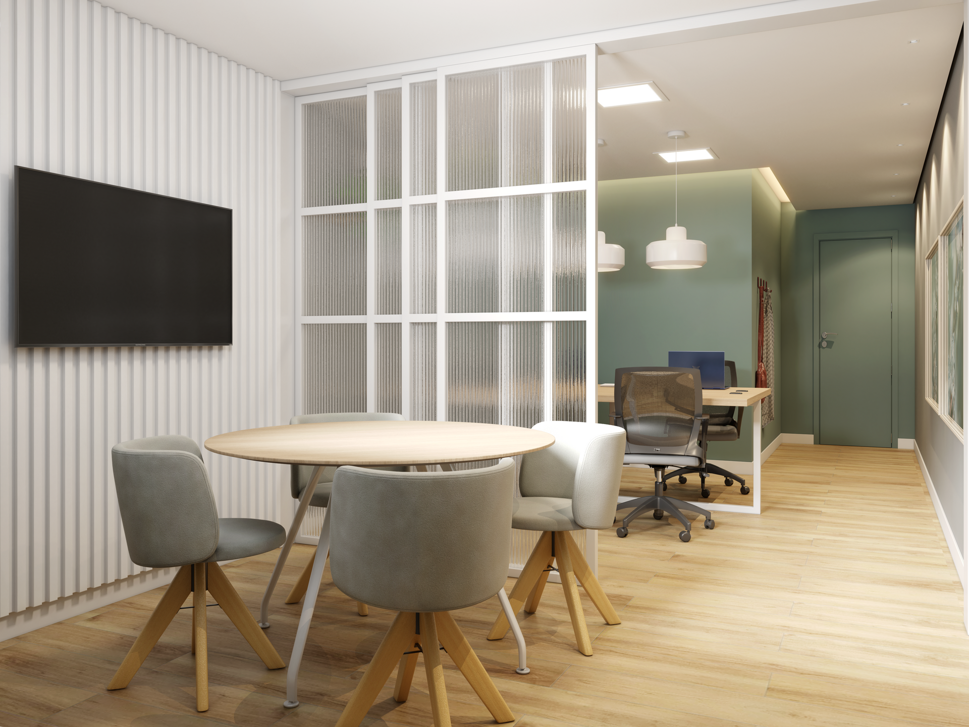 Escritório moderno com mesa redonda, cadeiras e divisória de vidro.