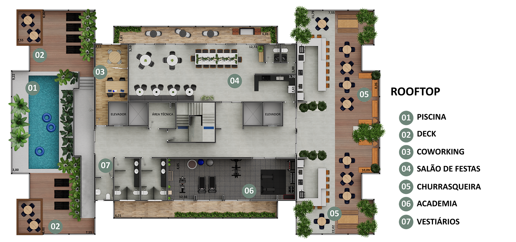 Planta para cobertura com piscina, deck, sala de conferências, academia, bar e áreas de estar.