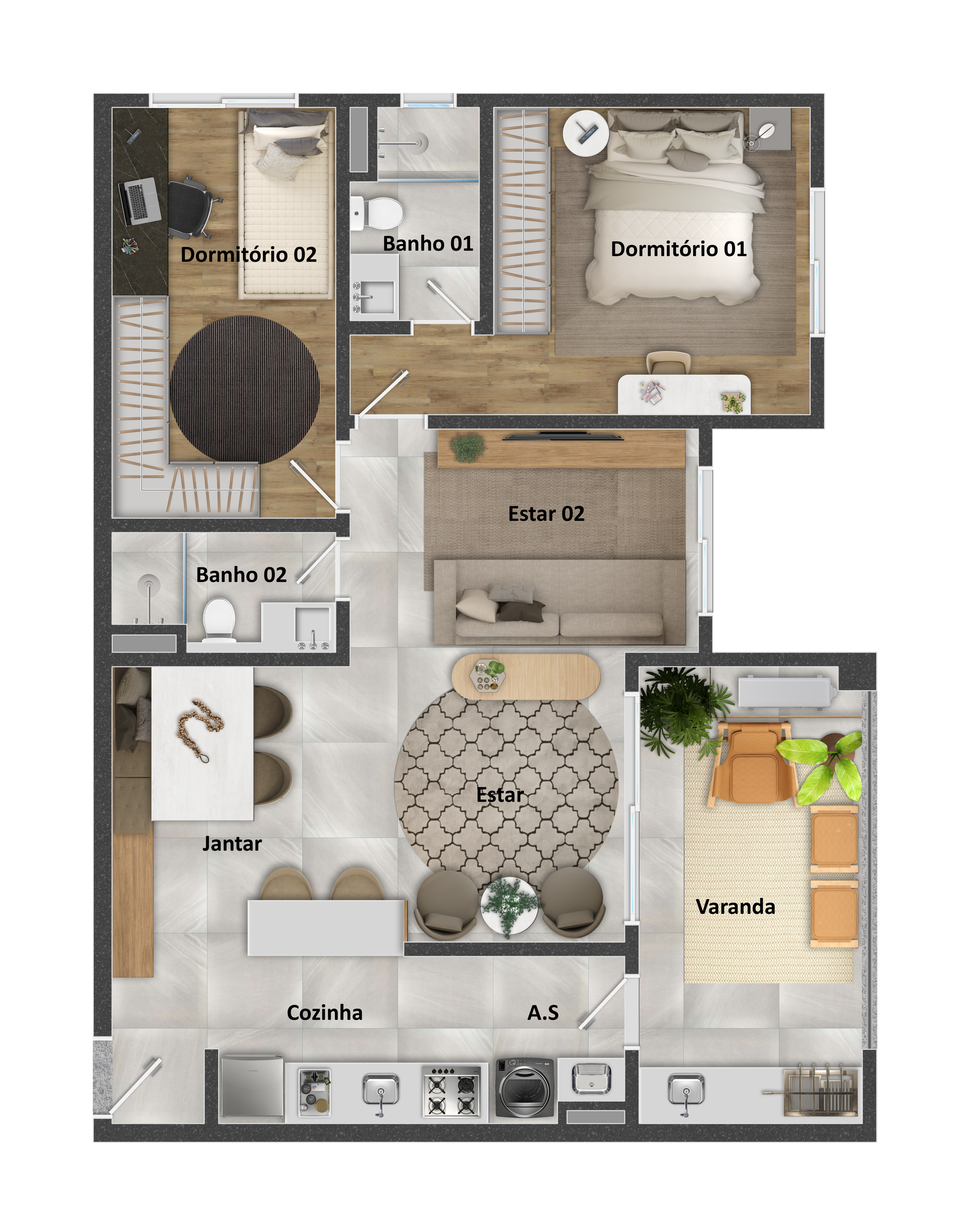 Planta baixa de um apartamento com cozinha, sala de estar, varanda, dois quartos e dois banheiros.