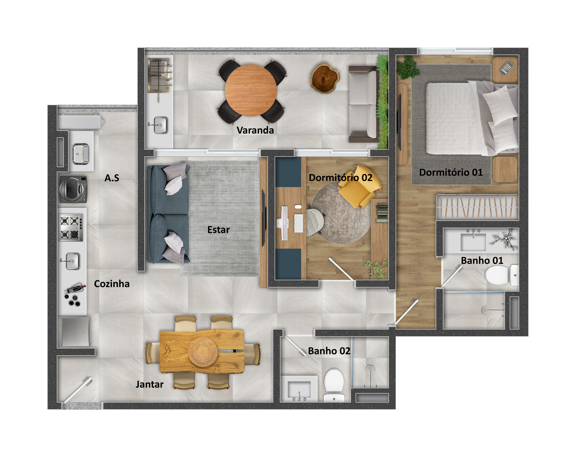 Planta baixa de um apartamento, mostrando cômodos como quarto, sala de estar e cozinha.