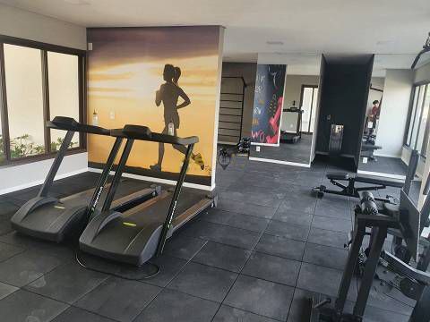 Há duas esteiras no meio de uma academia.