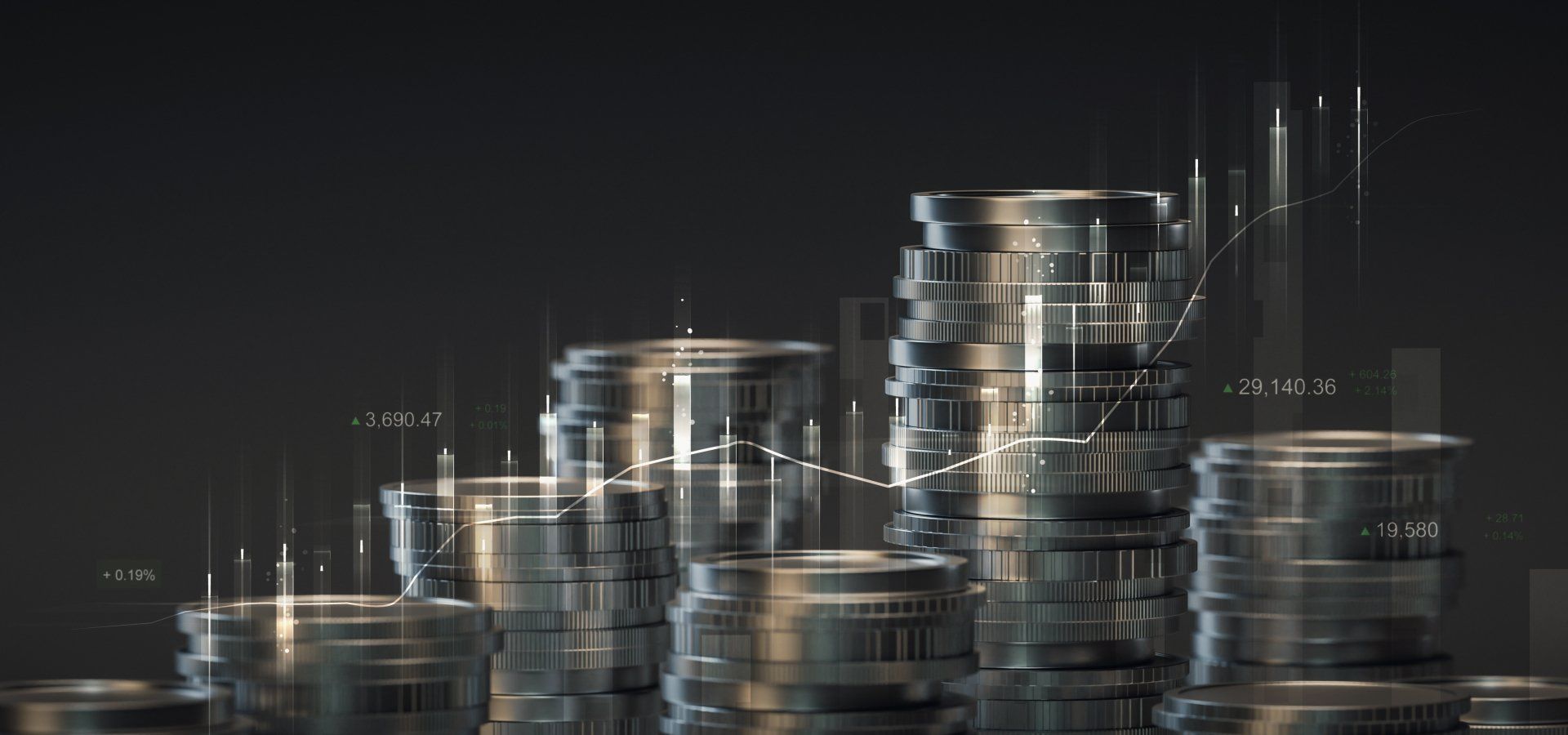 Uma pilha de moedas com um gráfico ao fundo.