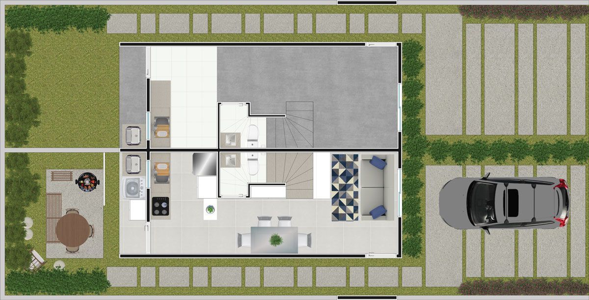 Uma vista aérea de uma casa com um carro estacionado na frente dela.