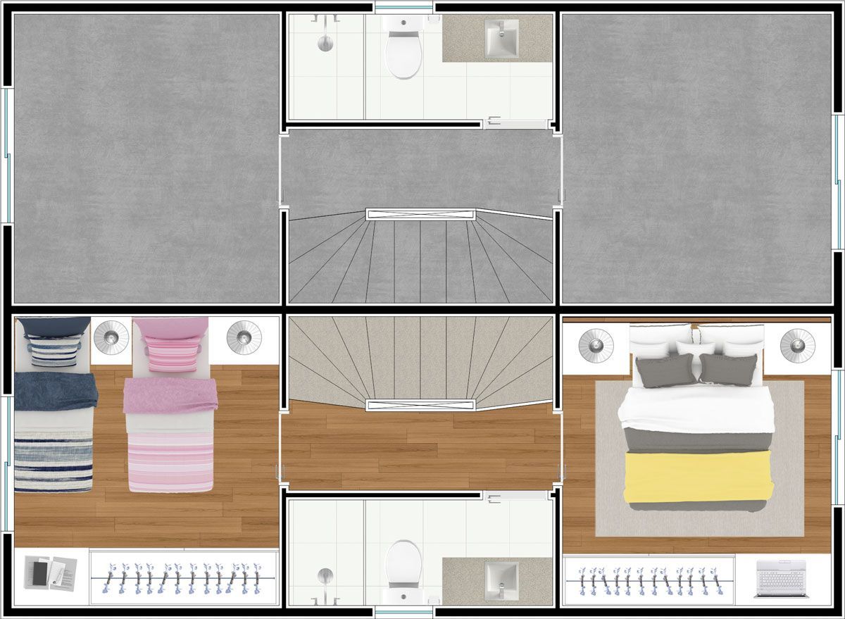 Uma planta baixa de uma casa com dois quartos e uma escada.