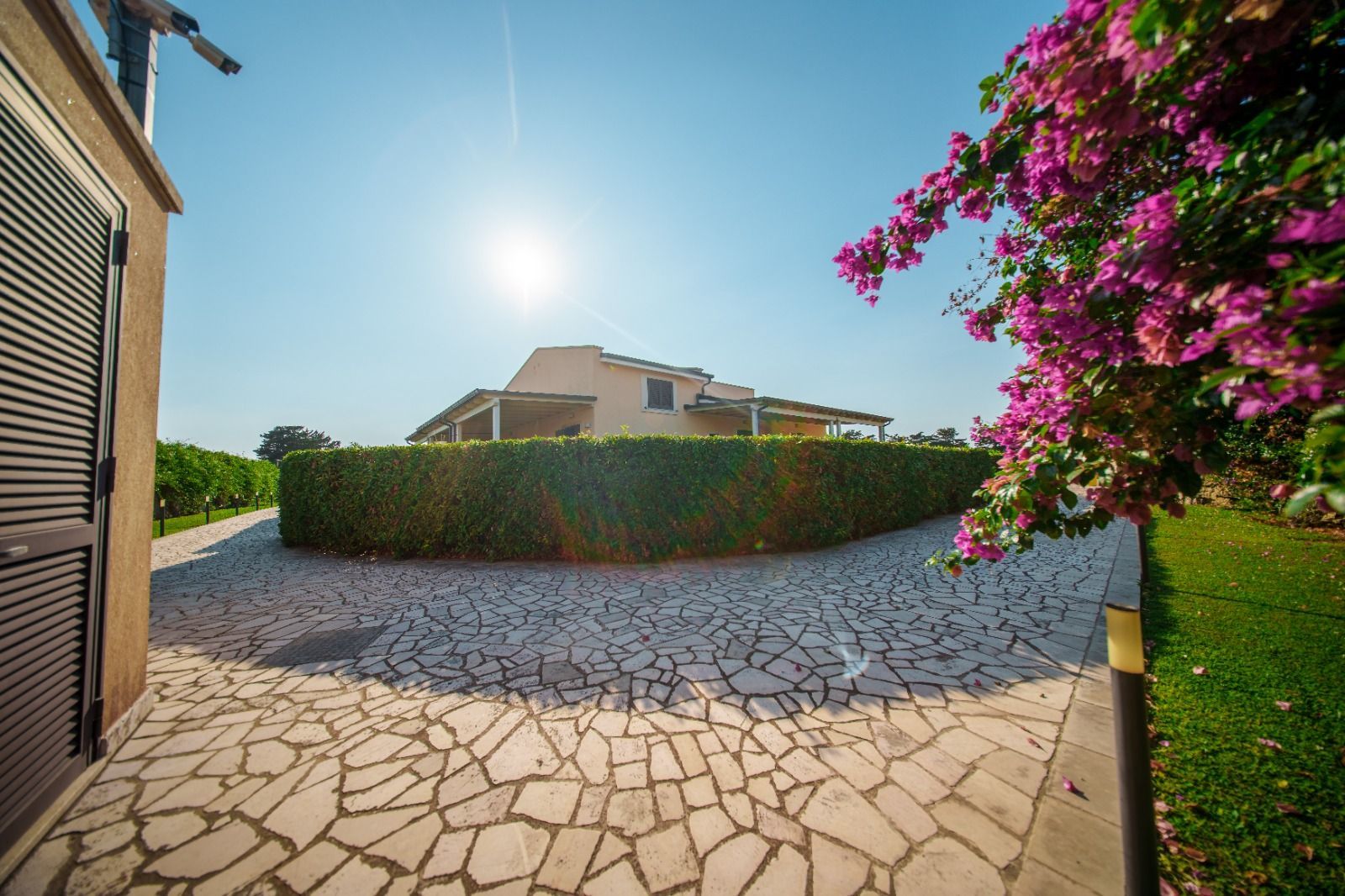 Una casa soleggiata con un vialetto in pietra, delimitato da una siepe verde e fiori rosa.