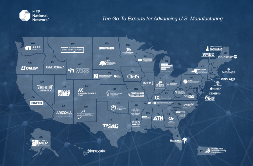 Map of the United States with logos representing manufacturing organizations. Dark blue background.