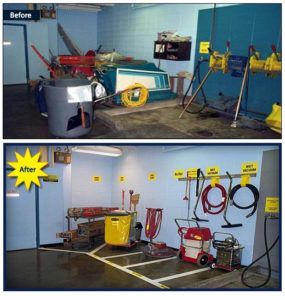 Before and after of a storage area. Cluttered with equipment is organized on walls in the after photo.
