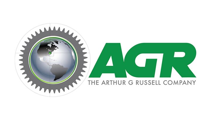 Logo for The Arthur G. Russell Company: a gear around a globe, with the letters "AGR" in green.
