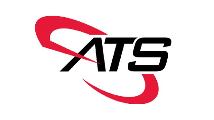 Logo of ATS in black text, with a red curved line design over and under the letters.