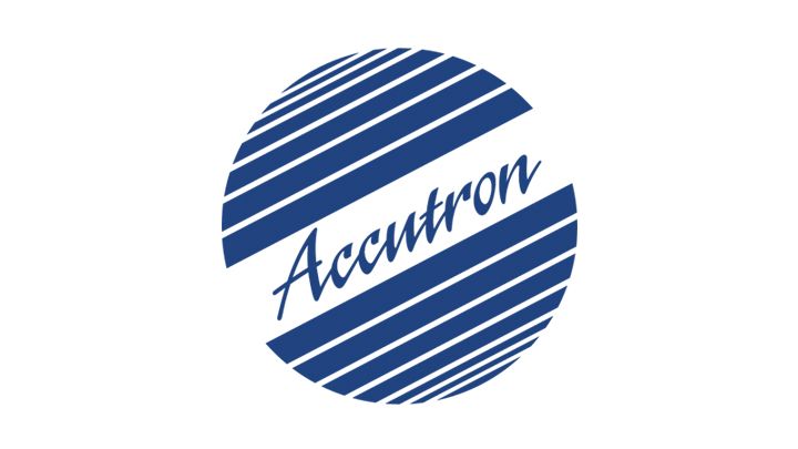 Accutron logo: blue circle with angled white lines, cursive "Accutron" text.