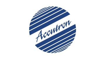 Accutron logo: blue circle with angled white lines, cursive "Accutron" text.