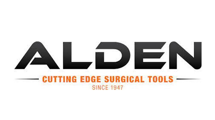 Alden logo: Bold, dark gray text with "ALDEN" above "CUTTING EDGE SURGICAL TOOLS" in orange; "SINCE 1947" below.