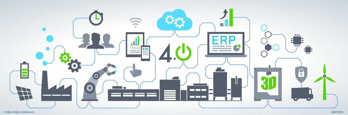 Industry 4.0 concept illustration with factories, robots, and cloud computing.