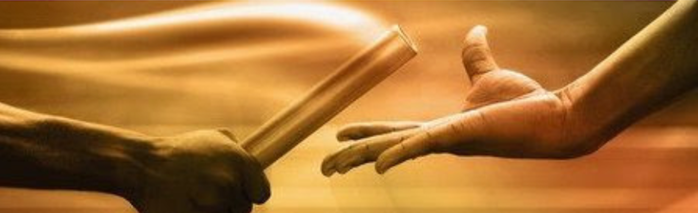 Hands passing a baton, symbolizing teamwork or relay race. Golden hue.