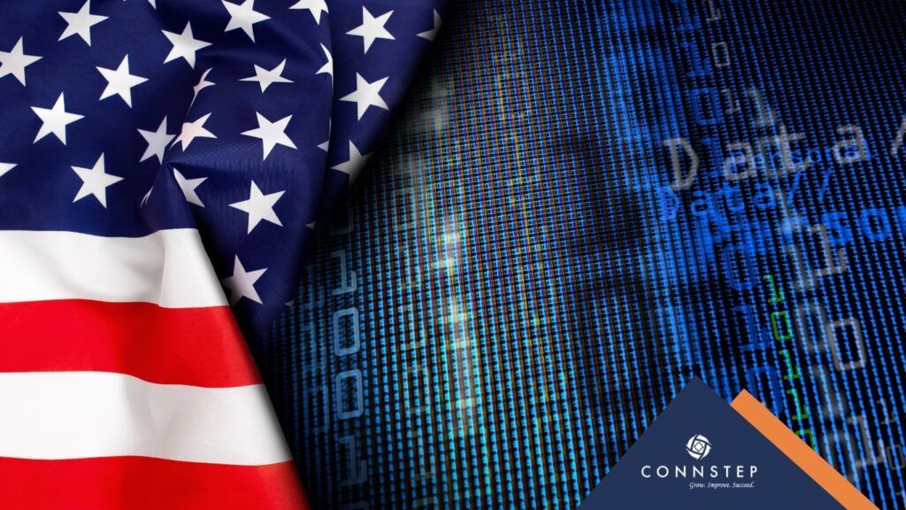 American flag and digital data background with the Commstep logo.