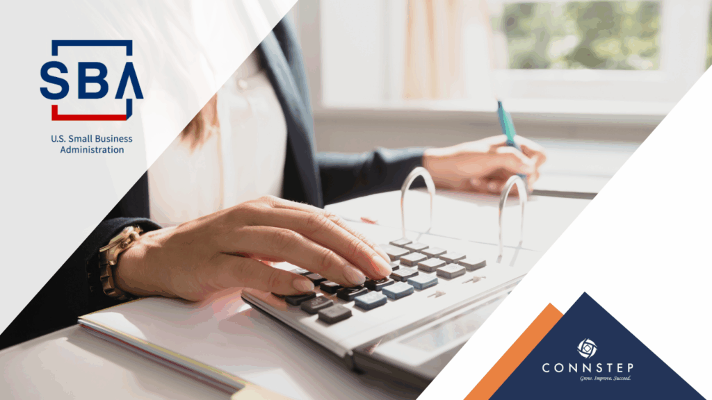 Person using a calculator, with SBA logo in the upper left corner.