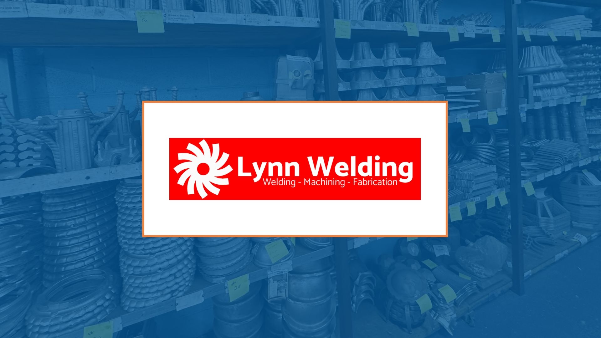 Lynn Welding logo over a blue-tinted warehouse background. The logo is red and white.