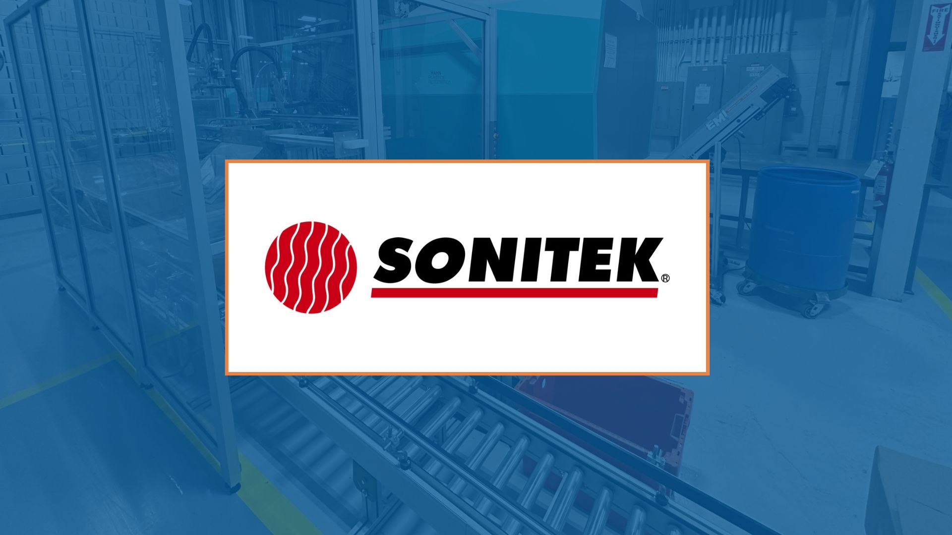 Sonitek logo over a blue industrial setting; red/white logo with a striped circle.